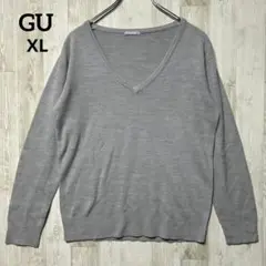 GU Vネック ニット プルオーバー 長袖 (ＸＬ) グレー ソフトタッチ 伸縮