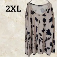 ベージュ/黒【 2XL】長袖 カットソー ゆったりサイズ 大きめ 模様