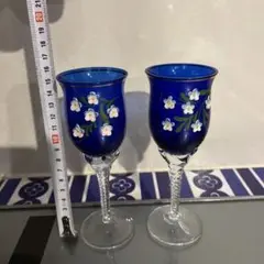 青色花柄ガラスグラス2個セット