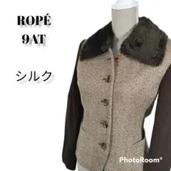 ROPE ファー付きジャケット コート リブ袖切替 ヘリンボーン ウールシルク混