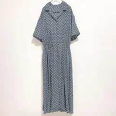 匿名⭐️5分袖開襟ワンピース グリーン フレア ロング シャツワンピ レトロ