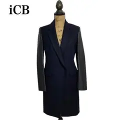 新品✨ICB チェスターコート ウール レザー切り替え袖 ヘリンボーン 羊革 黒