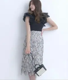 Mystrada 配色レースタイトスカート 薄ベージュ ホワイト