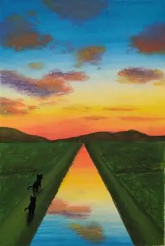 【原画：B6サイズ】　夏の夕暮れ散歩　オイルパステル画
