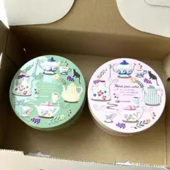 カルディ　ティータイムクッキー缶 ピンク　グリーン　2点