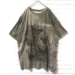 【ROMWE/ロムウェ】 半袖TシャツM 蝶と花フラワープリントオリーブグリーン