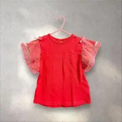 バースデイfutafuta袖チュールギンガムリボントップス95ブラウスTシャツ赤