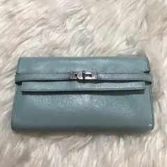 本物 エルメス ケリーウォレット SV金具 A刻印 水色 長財布 HERMES