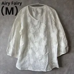 0484 Airy Fairyエアリーフェアリー花柄刺繍ブラウスＶネックM白