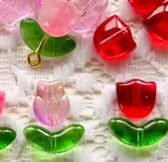 【80個】チューリップ ガラスビーズ 花+葉 ハンドメイド素材 フラワービーズ