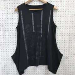 00’s モード 古着 かすれ加工プリント ノースリ 変型トップス チュニック