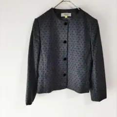 〈レナウン〉ノーカラージャケット　ダークグレー　黒ドット　ジャケット