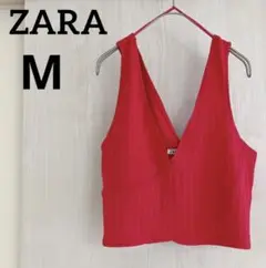 未使用◆ZARA ザラ リブニットビスチェ Vネック ローズレッド 赤ピンク M