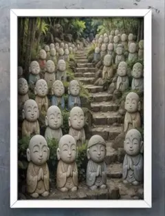 静寂が語りかけるお地蔵さん　やさしい祈りの階段額縁付き　開運グラフィック