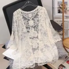 レースシャツ カーディガン 刺繍ブラウス レディース 薔薇 ボレロ クリーム