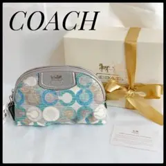 【未使用・箱付】COACH コーチ ブルーグリーン ラメ入り プリント ポーチ
