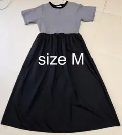 半袖 ロングワンピース M 黒 ストライプ ボーダー