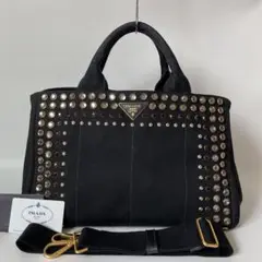 【未使用級】プラダ カナパ トートバッグ 2way ビジュー 三角ロゴ 黒