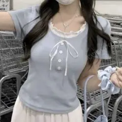 トップス 水色 ライトブルー 半袖 夏服 フリル リボン ガーリー