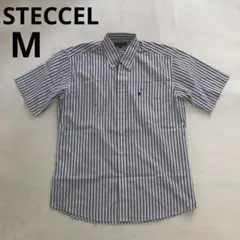 STECCEL メンズ　半袖シャツ　ストライプ　カラーキーパー　カラーステイ　M