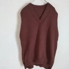 新品 ユニセックス ベスト 茶 オーバーサイズ Vネック ニット ゆったり