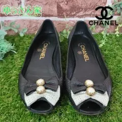 美品✨ CHANEL リボン ココマーク レザーメッシュ フラットシューズ