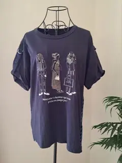 Feminine CafeデザインTシャツMサイズ レディース刺繍×ボーダー切替