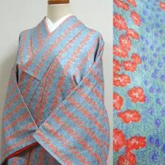水色に小花の縞模様 洗える着物 小紋