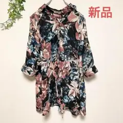 【新品】ルティーク 花柄七分袖ブラウスシャツ 総柄 チュニック Aライン春夏