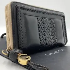 廃盤 グッチ 長財布 ウーブンウェブ 刺繍 ラウンドファスナー 黒 編み込み