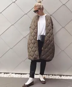 カーキ 美シルエット3wayキルティングフードコート