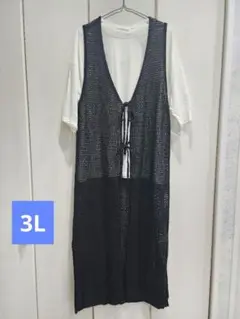 3L 大きいサイズ　 2点セット 黒 メッシュ ロングベスト&白T　ジレ