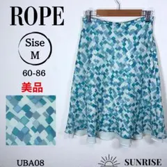 ★美品 ROPE ロペ フレアスカート ひざ丈 青系幾何学模様 60-86サイズ