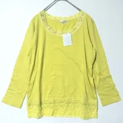【美品】イエロー レース付き 七分袖カットソー Lサイズ CINEMA CLUB