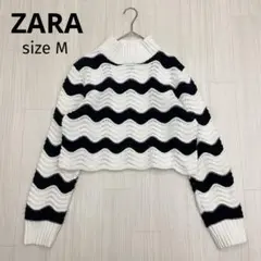 ◆ ZARA ザラ ハイネック ボーダー 透け ニット クロップド丈 M