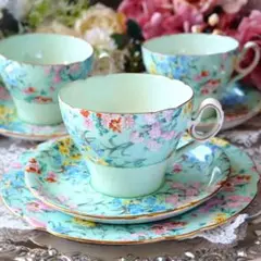 ■19世紀 英国 フォリー(ワイルマン シェリー)金彩 菊花装飾 大皿 プレート Wileman】シェリー トリオ4客＆大皿プレート｜1890年代 英国