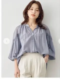 未使用美品　stola. コットンシルク袖ボリュームブラウス ブルー　サイズ38