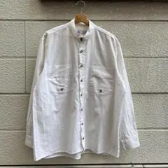 USED ユーロ古着 白 総柄シャツ 長袖シャツ ノーカラー vintage