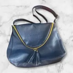 MOZZI フリンジ 青 ブルー レザー ショルダーバッグ