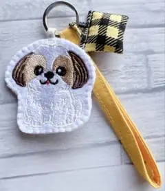 ハンドメイド　刺繍　シーズー　ストラップ　ミニバッグキーホルダー付き　犬