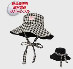 【即日発送】リバーシブル ギンガムチェック ハット 小顔効果 UV対策　ブラック