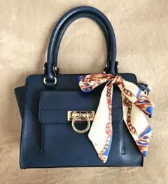 ショルダー付ハンドバッグ2way スカーフ　ネイビー　収納たっぷりポケット多