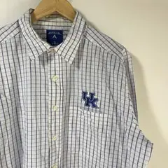 メンズ　シャツ　チェック　白　ブルー