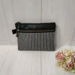 ヒッコリーデニム×黒無地　ミニ ダブルファスナーポーチ　小銭入れ