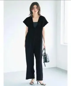 coca コカ　シボシャーリングVネックオールインワン　ブラック　M