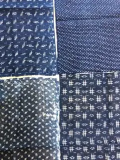 古布／麻の藍の絣と型染の4枚セット
