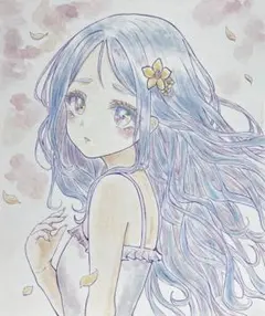 手描きイラスト　オリジナル　水彩イラスト　花と女の子02