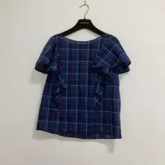 ADIEU TRISTESSE フリルブラウス　ブルー　チェック　コットン　M
