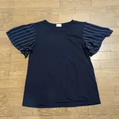 ネイビー ストライプ柄 フリル袖 Tシャツ M