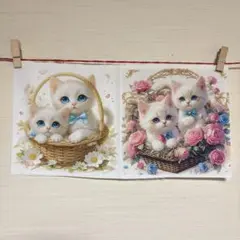 ♪ 限定レア パネル生地 美麗 籠入りにゃんこ 猫 白地 2枚セット ♪
